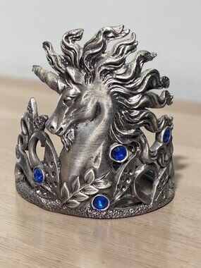 Unicorn Candle Holder Silver Tone Blue Rhinestone Gothic Fantasy Decor 3.25"